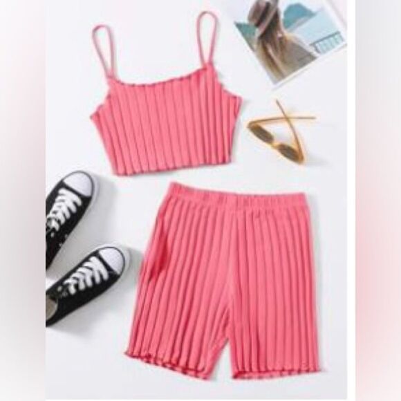 SHEIN EZwear Solid Lettuce Trim Waffle Knit Cami Top & Biker Shorts Set - Picture 1 of 3